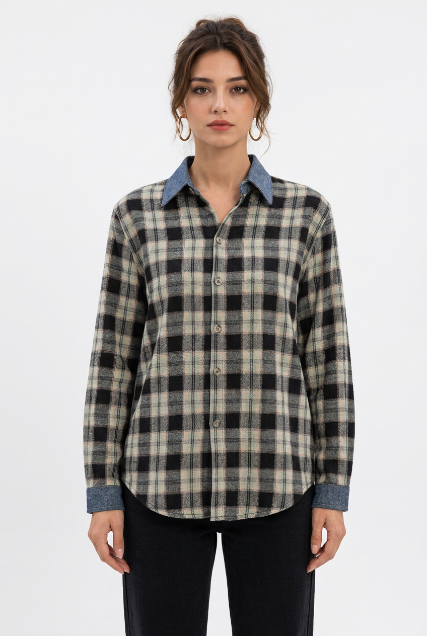 Chemise Femme à Carreaux – Coupe Ample, Col Denim Contraste