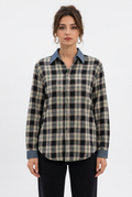 Chemise Femme à Carreaux – Coupe Ample, Col Denim Contraste