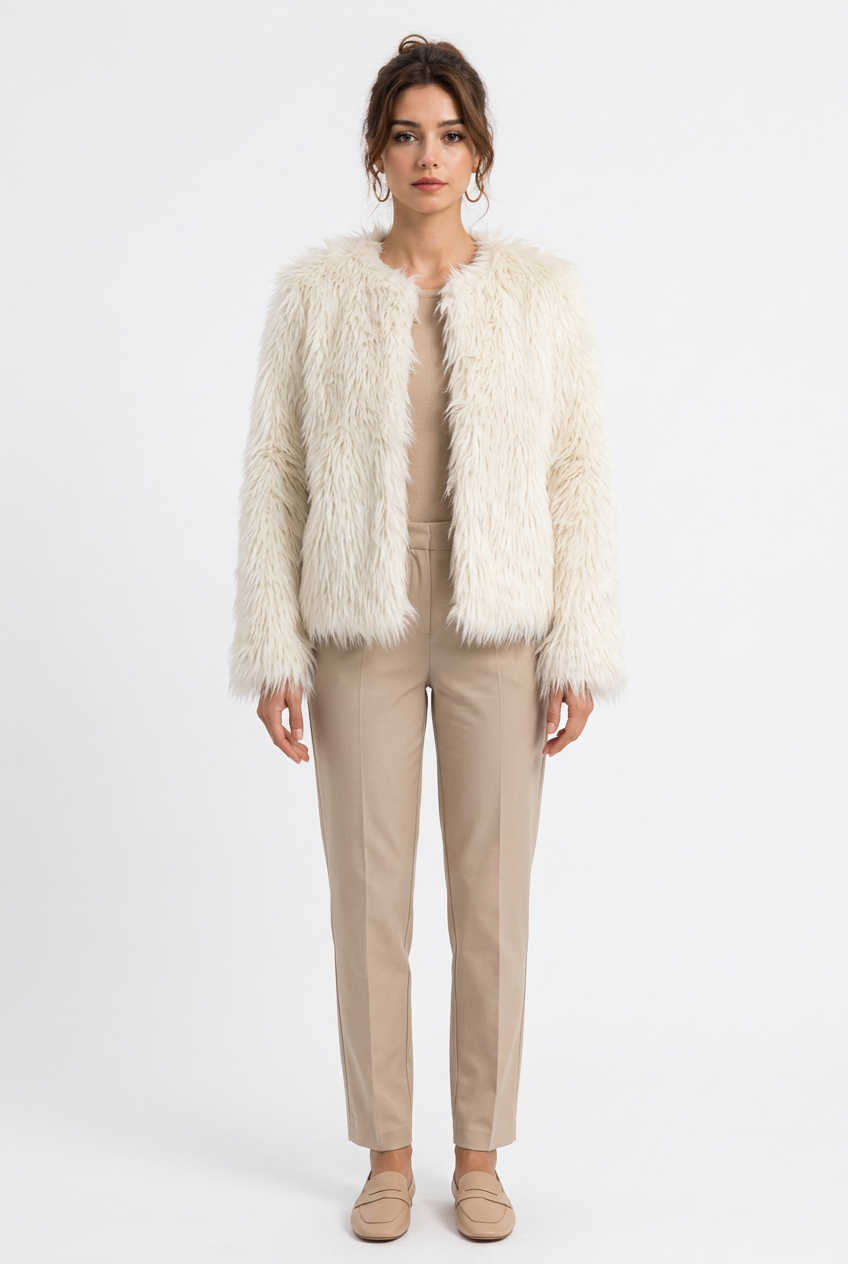Manteau Court Femme en Fausse Fourrure – Col Rond