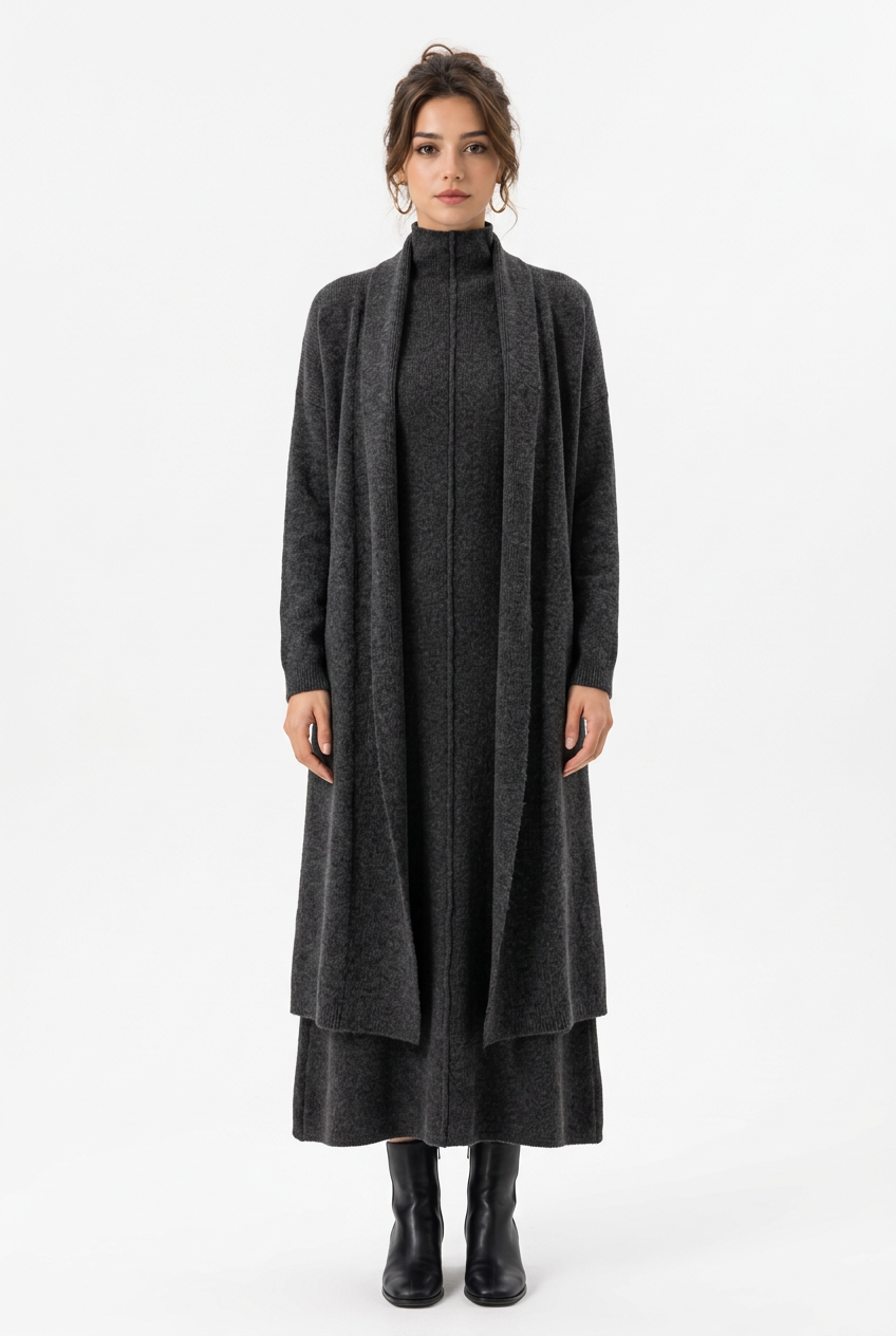 Ensemble femme en maille : robe longue col montant et gilet