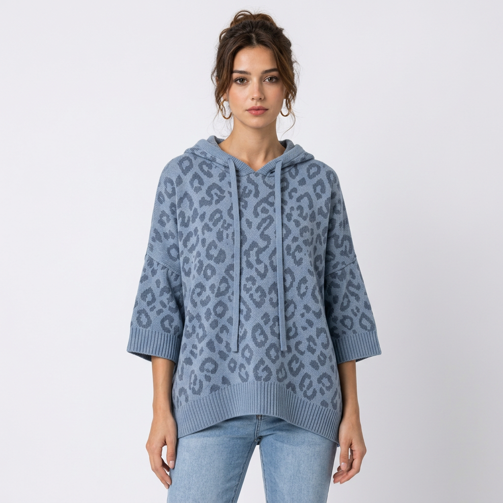 Sweat à capuche femme en maille – Imprimé léopard color block, cordon de serrage
