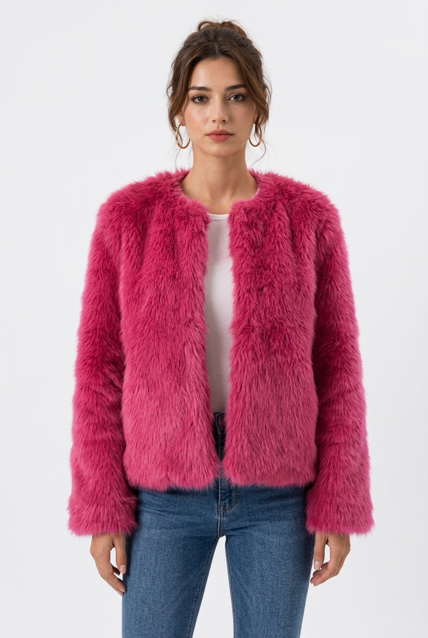 Manteau Court Femme en Fausse Fourrure – Col Rond