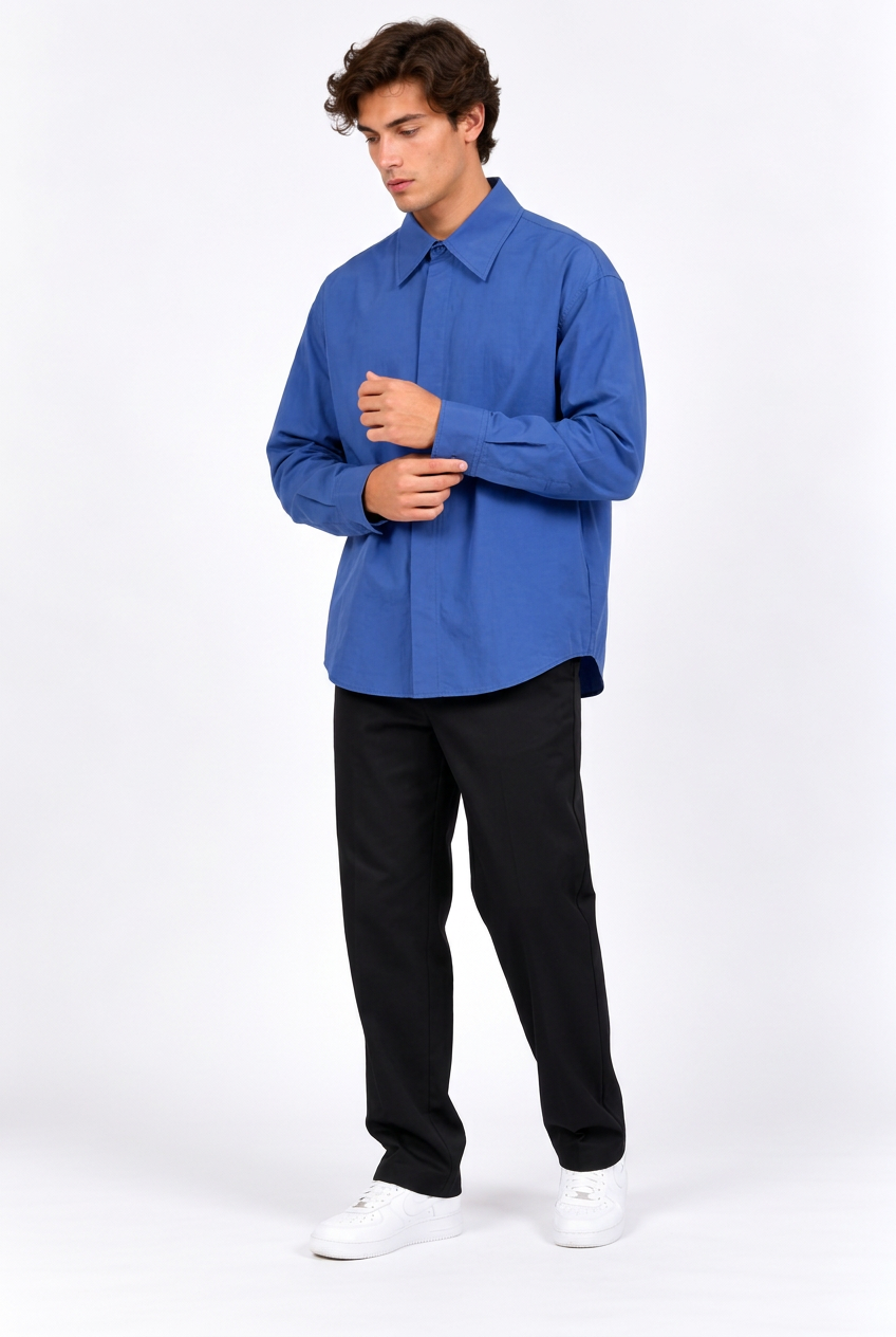 Chemise Homme Manches Longues Bleue – Coupe Ample, Col Classique