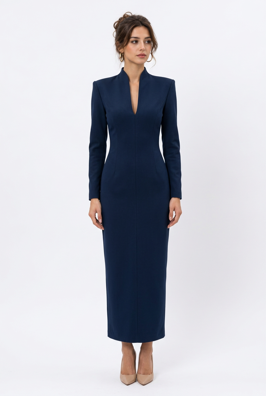 Robe longue à col montant, décolleté en V et manches longues