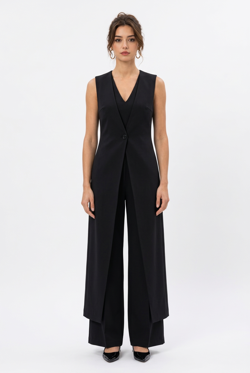 Combinaison noire femme à col V et effet gilet boutonné