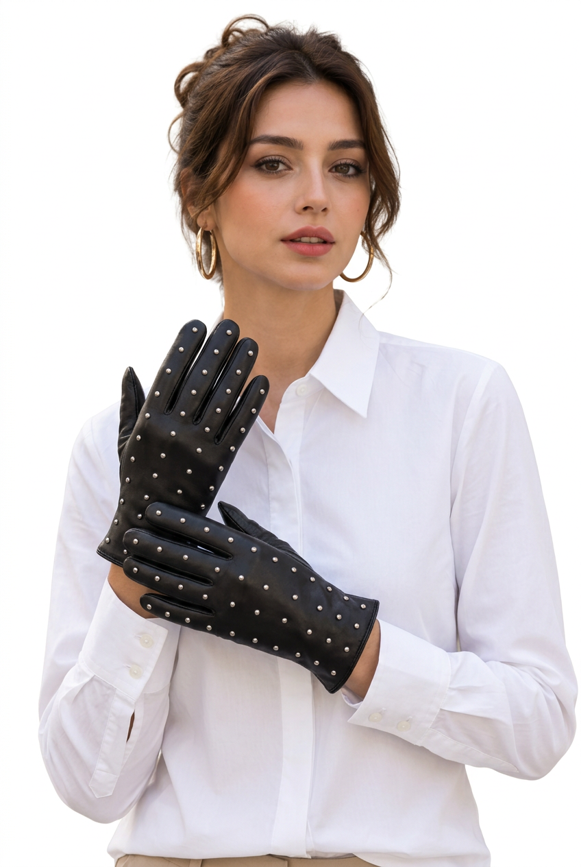 Gants femme en cuir noir à clous argentés