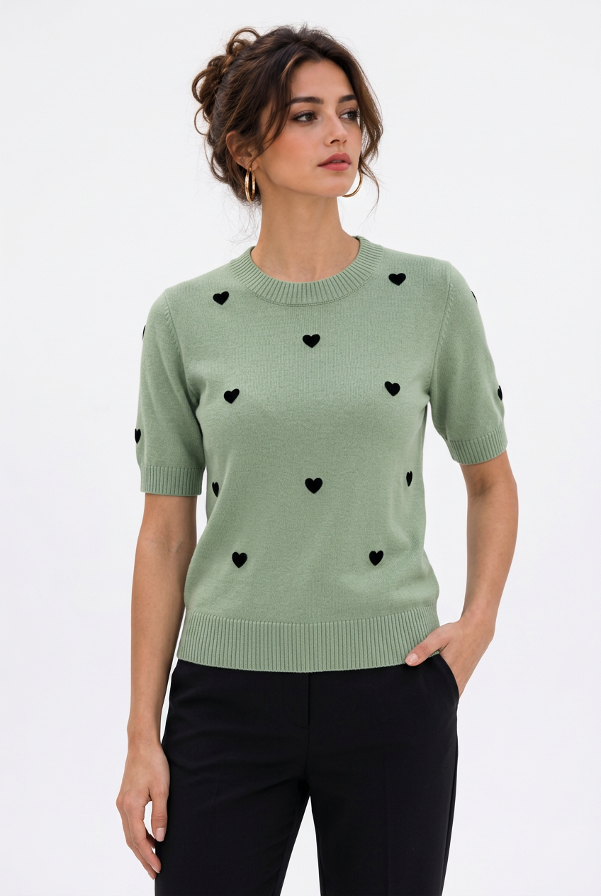 Pull Manches Courtes Maille Fine Motifs Cœurs – Col Rond