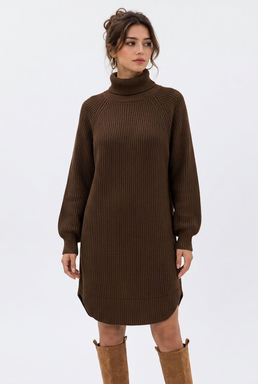 Robe pull femme col montant en maille acrylique – Coupe ample, manches longues