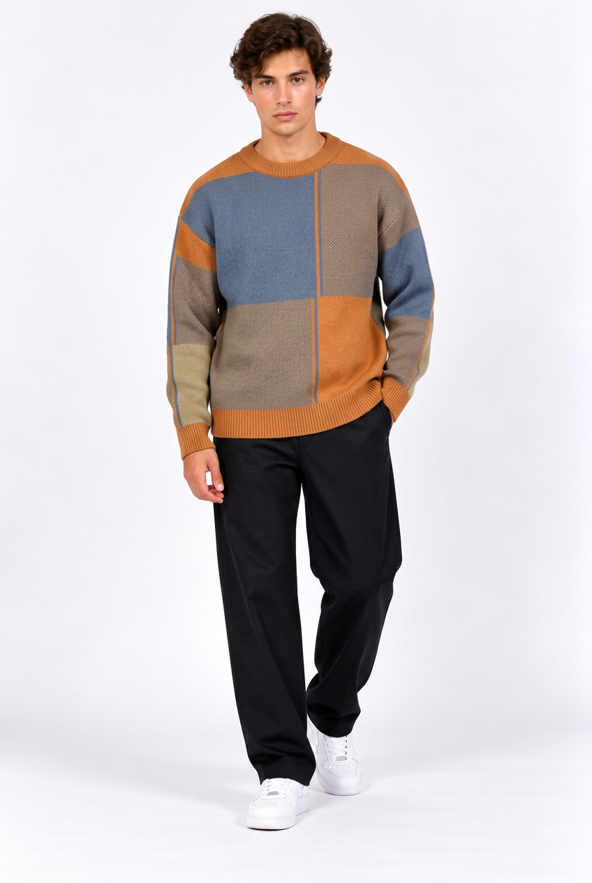 Pull homme à motifs géométriques et col rond
