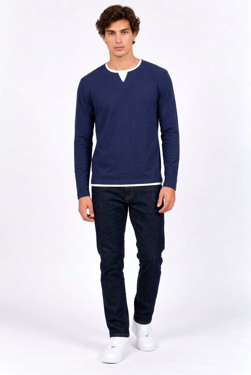 T-Shirt Homme Manches Longues Effet Deux-Pièces – Col Rond