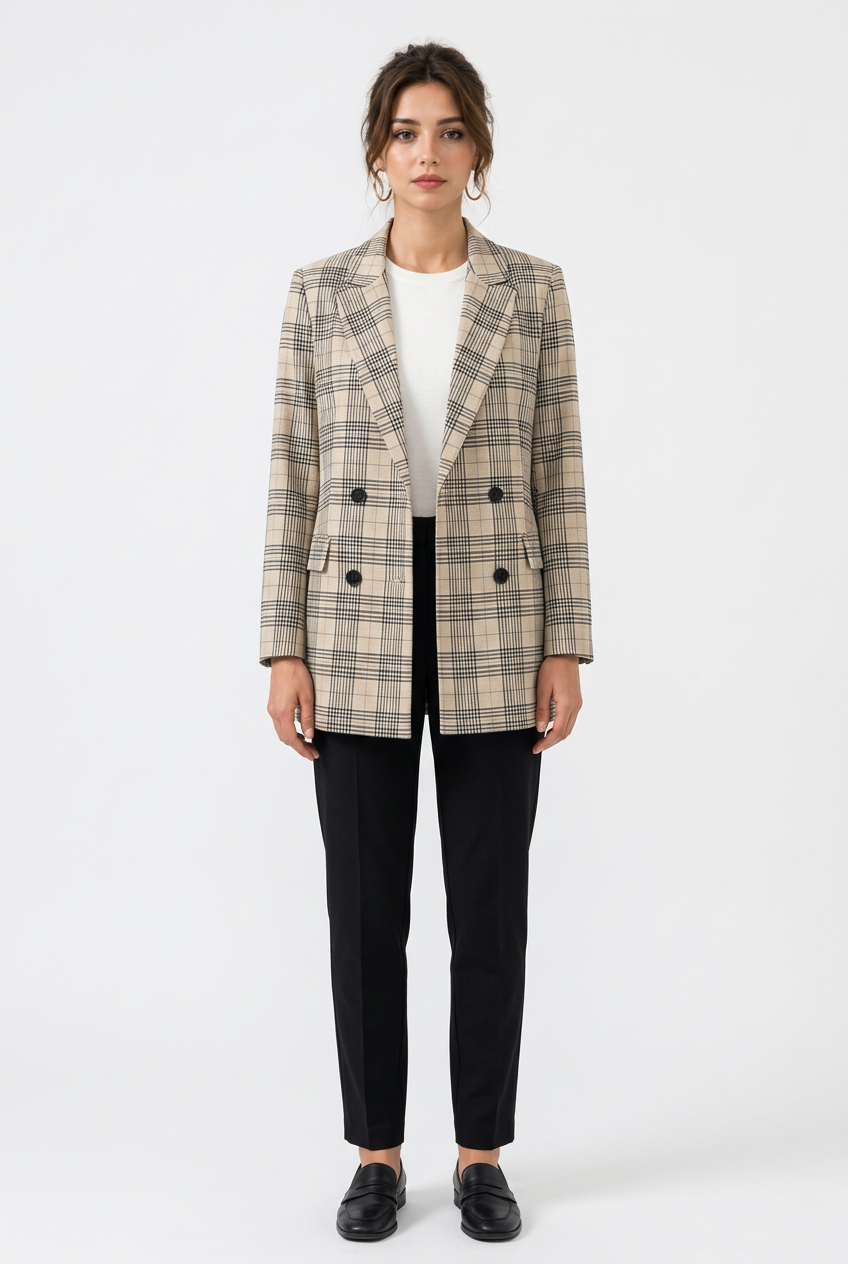 Blazer Femme à Carreaux – Col à Revers et Double Boutonnage