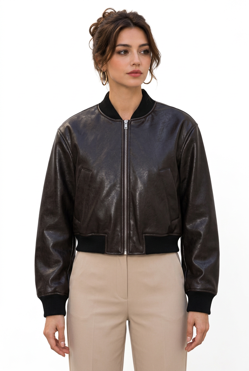 Blouson bomber femme effet simili cuir marron foncé
