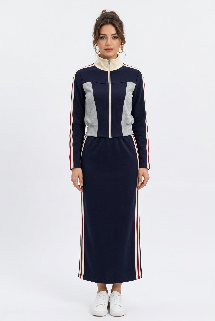 Ensemble femme bleu marine : veste zippée et jupe longue