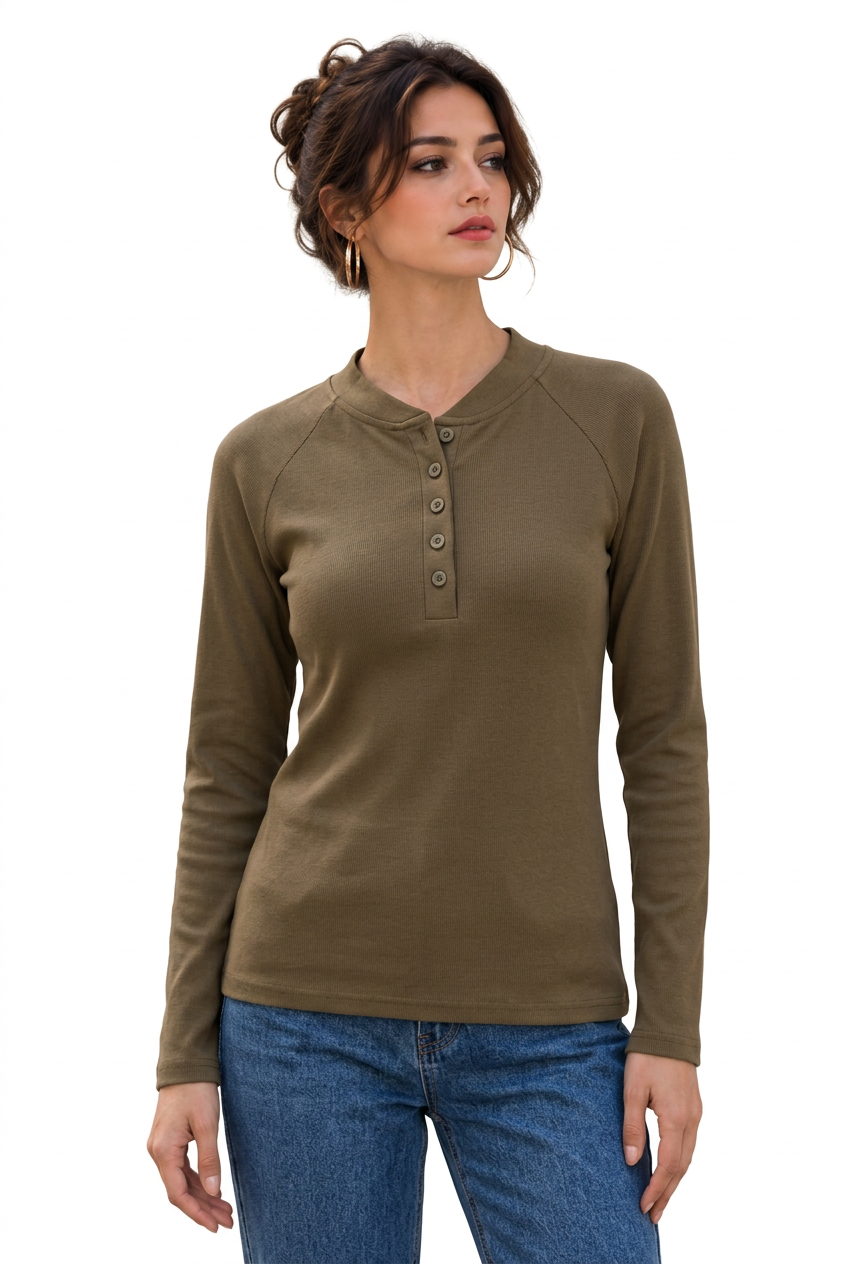 T-shirt femme à manches longues et col tunisien boutonné