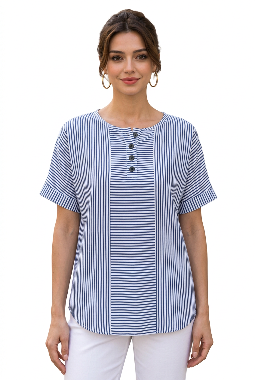 T-shirt femme rayé à manches courtes et col boutonné