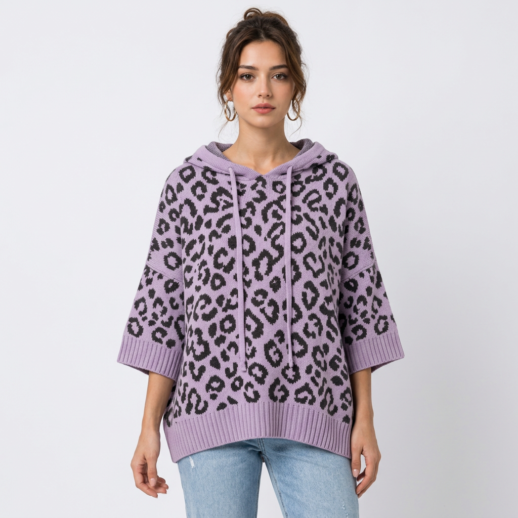 Sweat à capuche femme en maille – Imprimé léopard color block, cordon de serrage