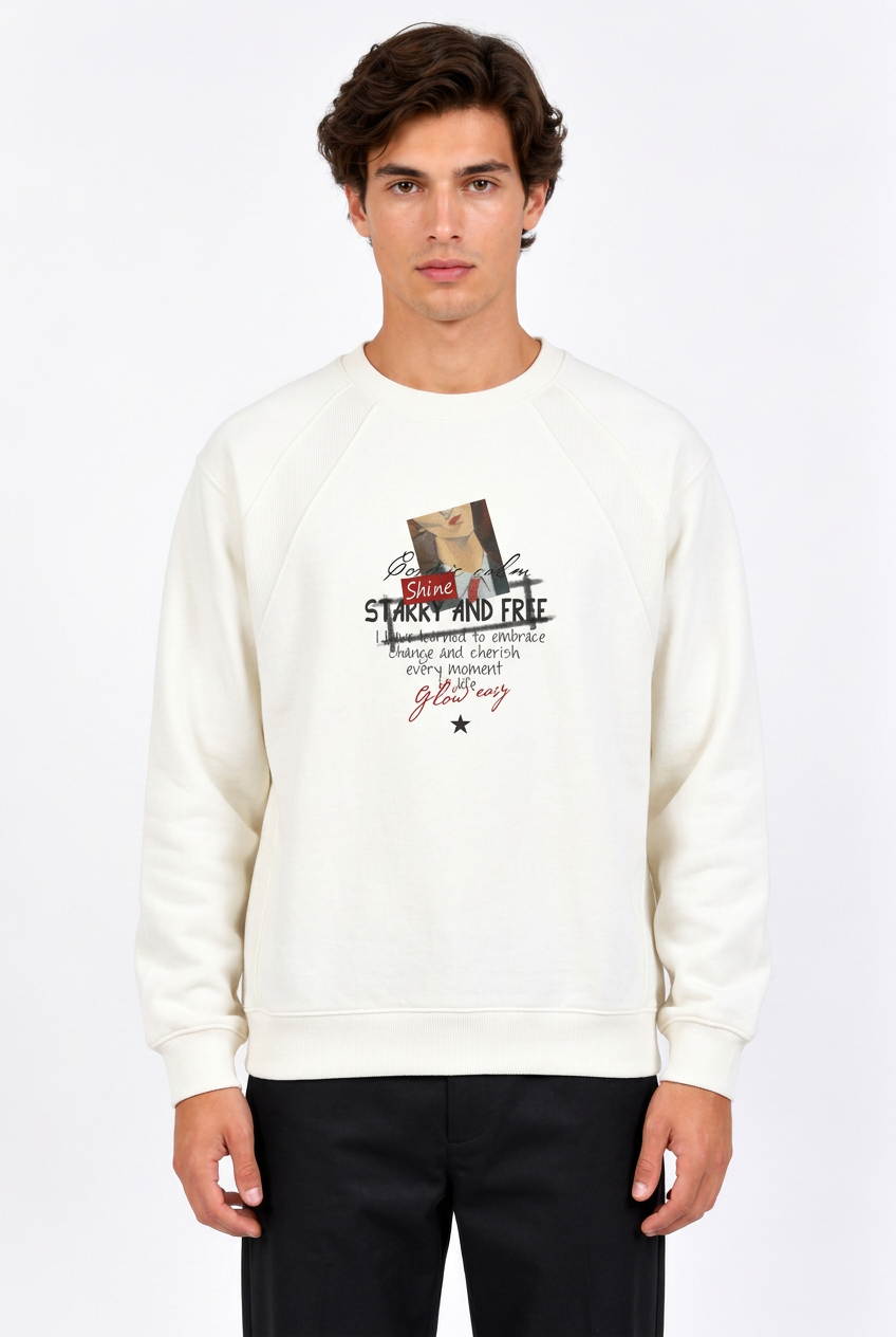 Jeff portant le sweat homme blanc perle à col rond et imprimé graphique sur fond blanc