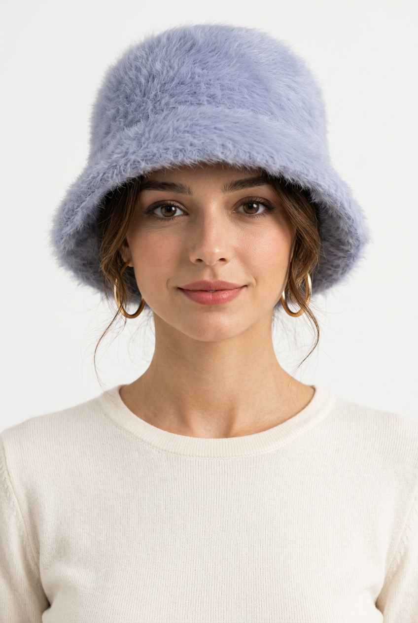 Damen-Fischerhut aus Kaninchenfell – Retro-Strick-Bucket-Hat für den Winter