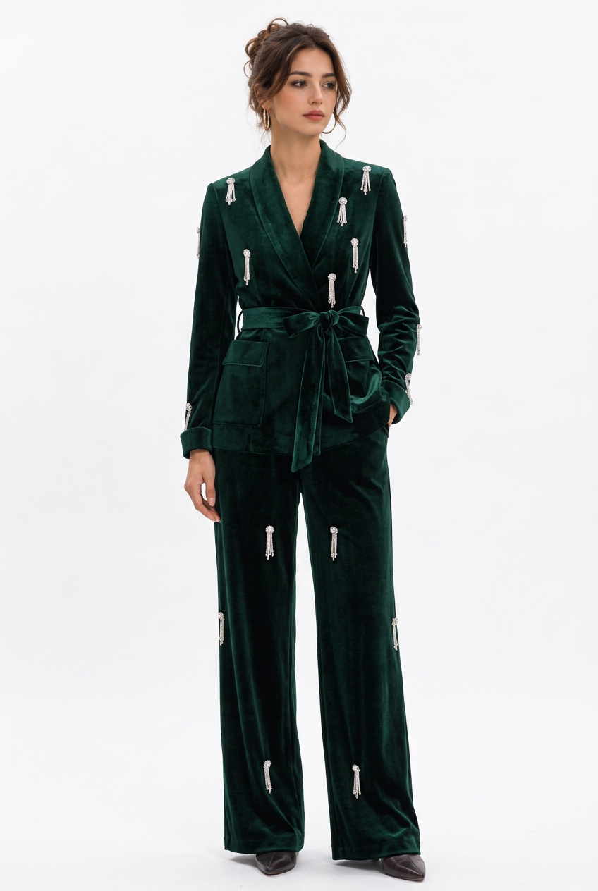 Tailleur femme en velours à ornements, veste ceinturée et pantalon large