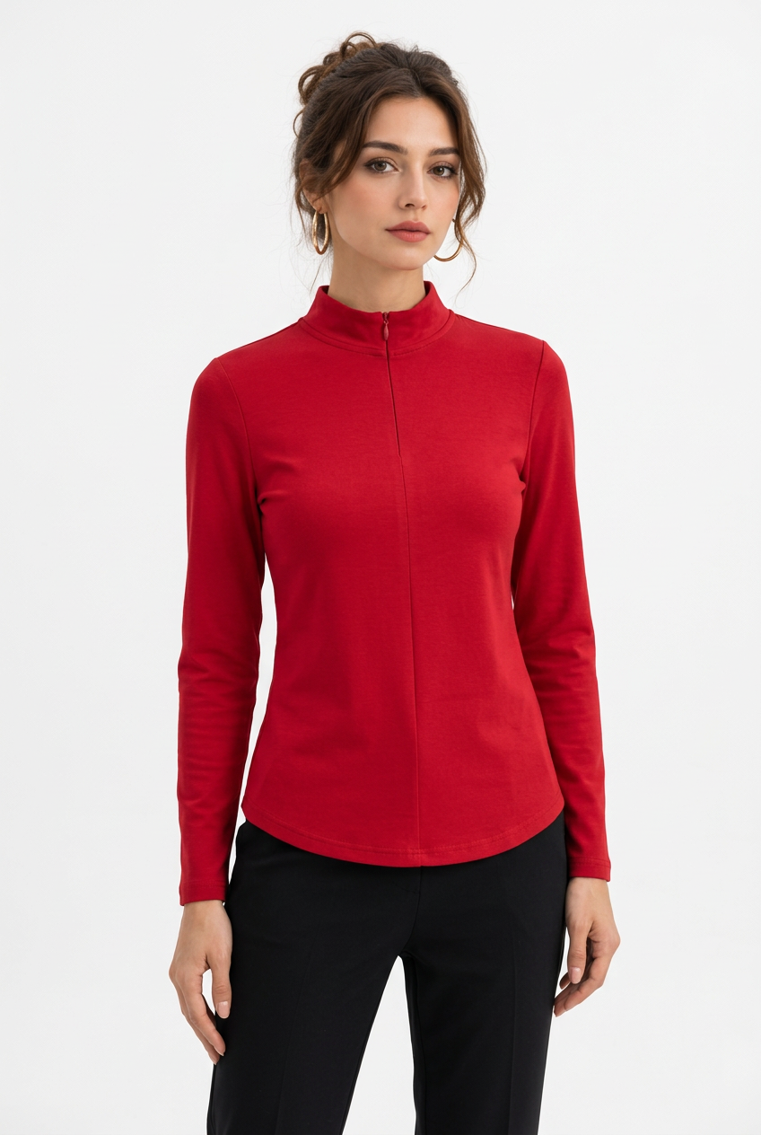 Top Demi-Zip Col Montant Manches Longues – Coupe Ajustée