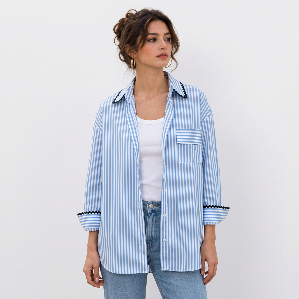 Chemise femme oversize à rayures color block – Style casual coréen, col retourné