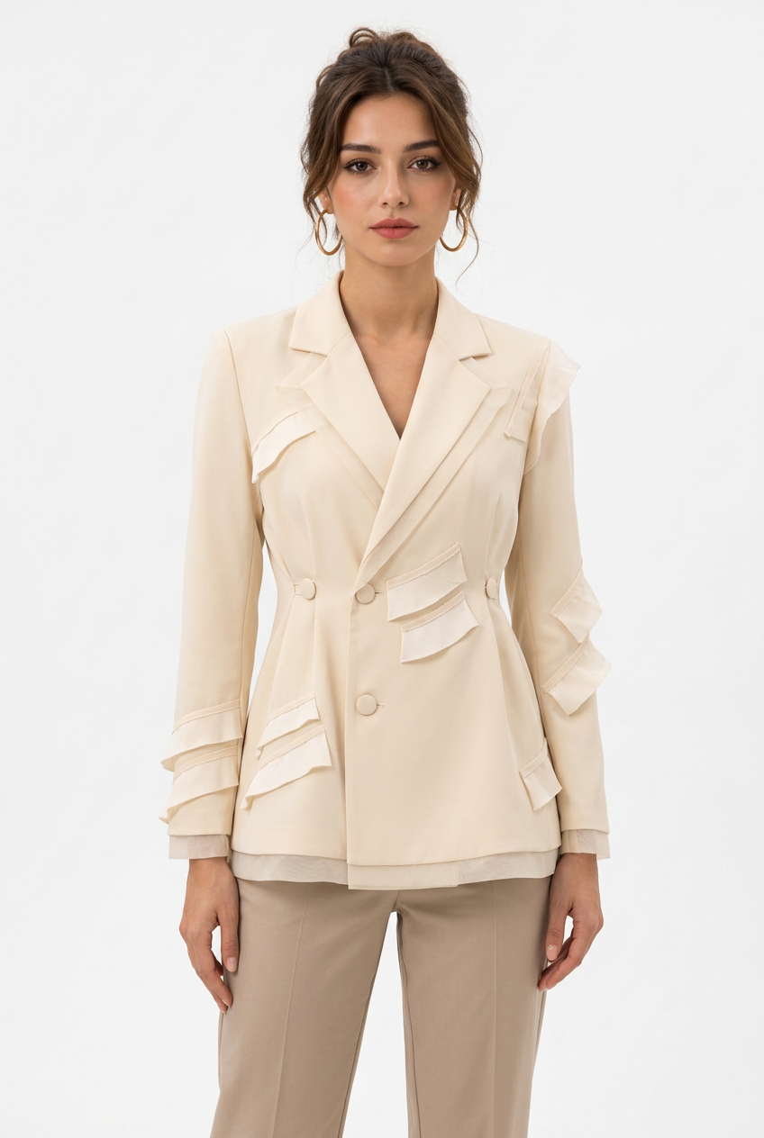 Blazer Femme Élégant – Abricot, Détails Volantés