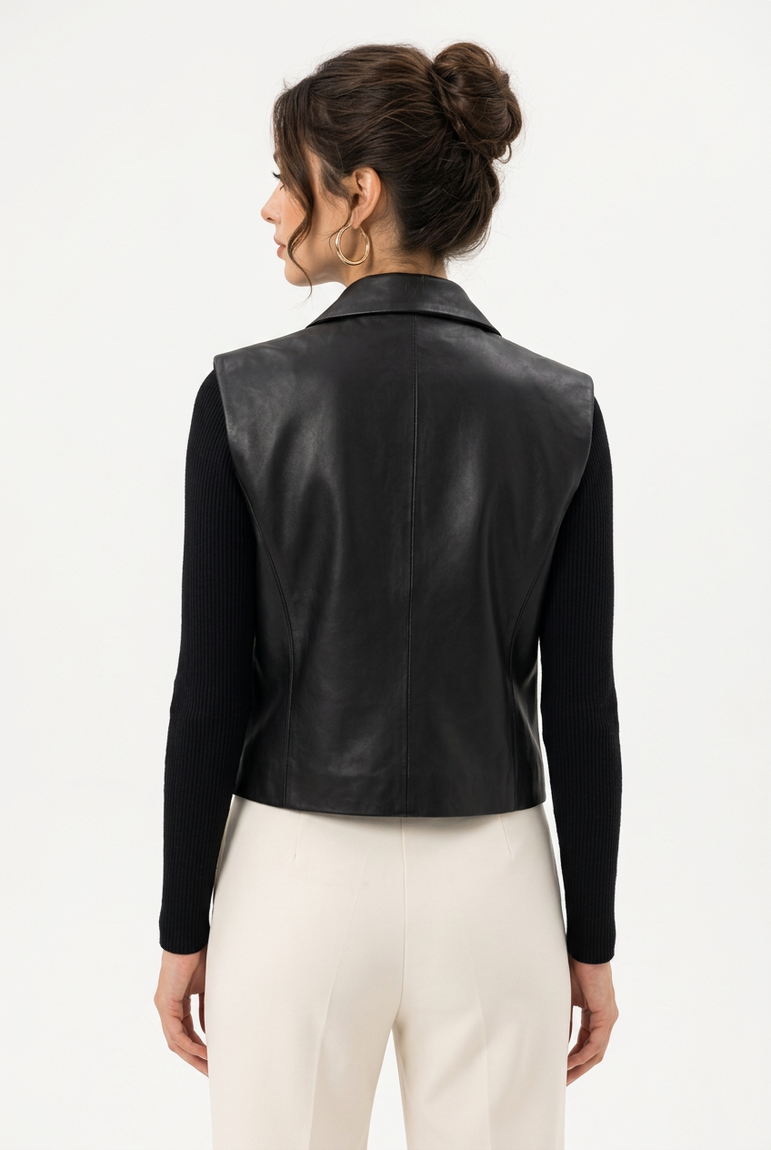 Veste blazer sans manches femme en cuir à boutons dorés