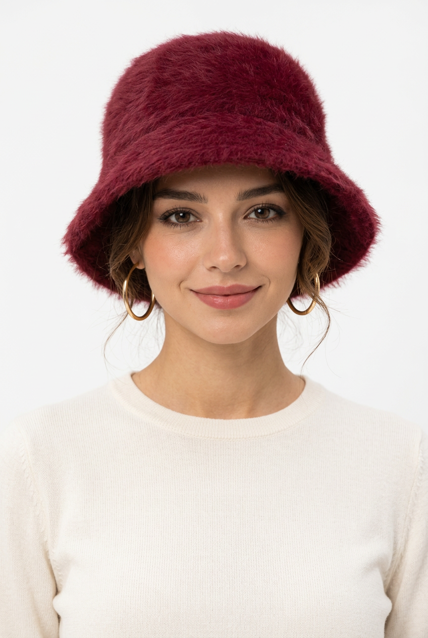 Damen-Fischerhut aus Kaninchenfell – Retro-Strick-Bucket-Hat für den Winter