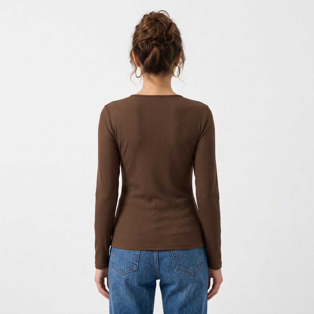 Top Marron Manches Longues Col V Croisé – Boucle Dorée