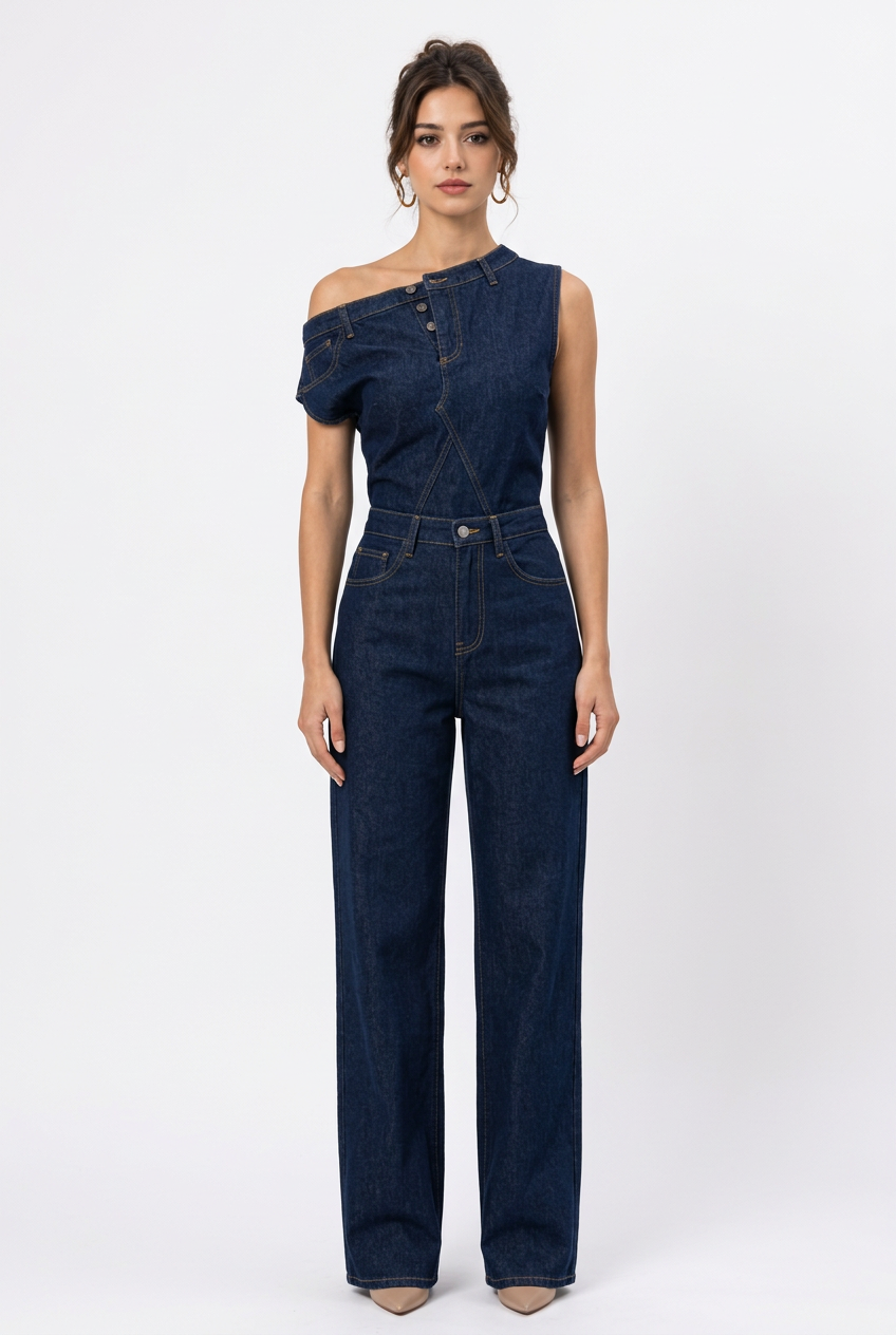 Combinaison femme en jean bleu foncé – Encolure asymétrique et jambes larges