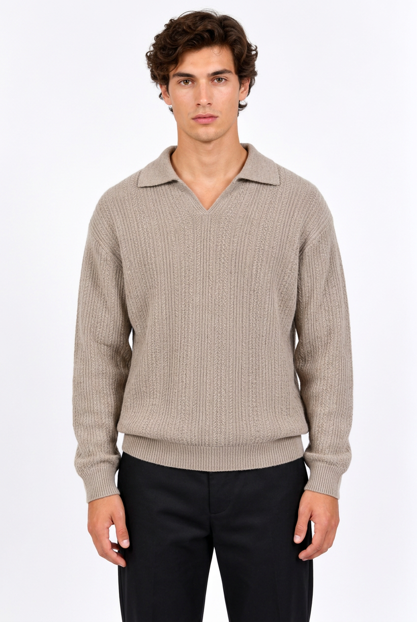 Pull homme en maille texturée à col polo et manches longues