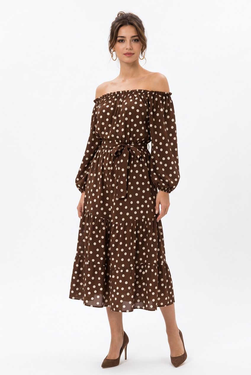 Robe marron à pois et manches longues, coupe évasée