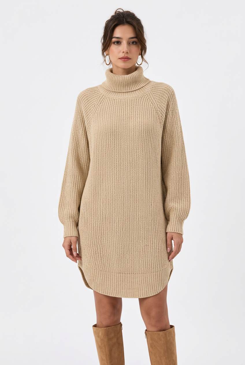 Robe pull femme col montant en maille acrylique – Coupe ample, manches longues