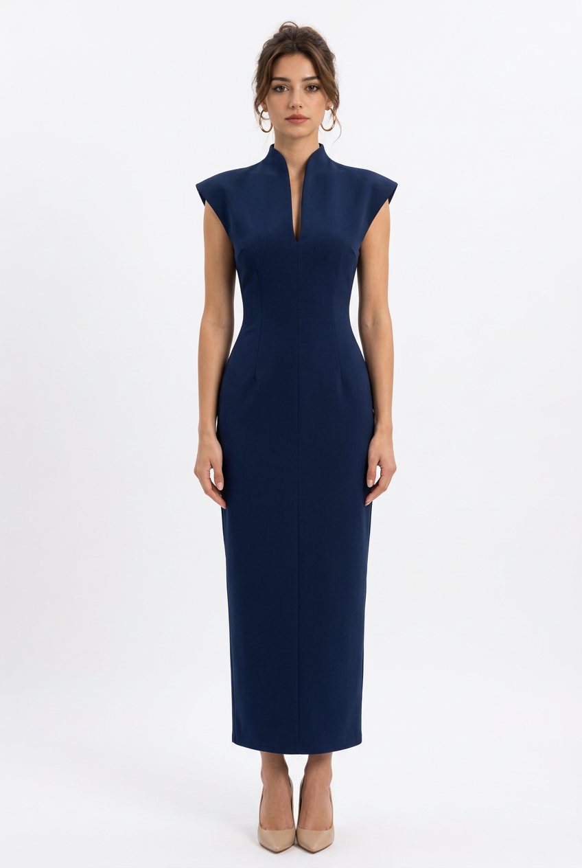 Robe longue moulante sans manches à col montant et décolleté en V