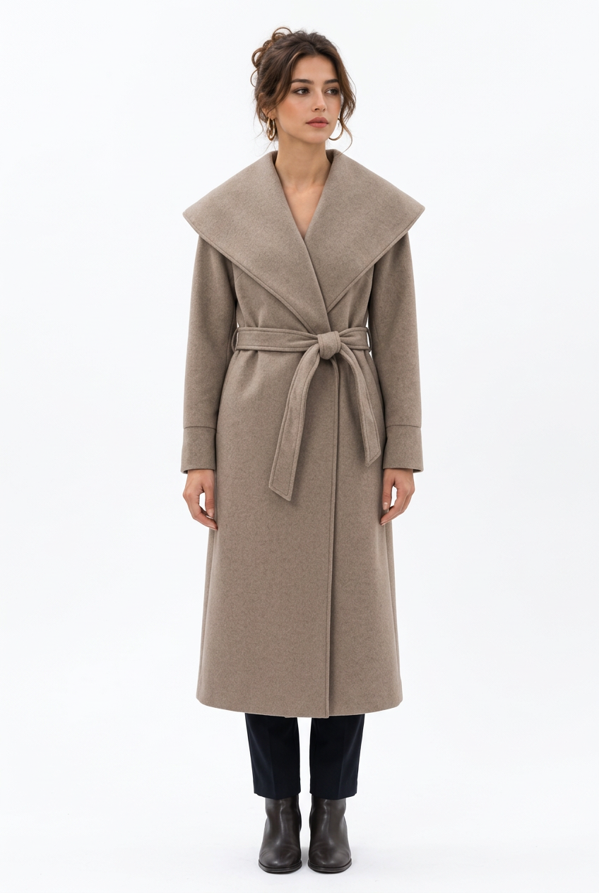 Manteau long femme ceinturé à grand col, effet laine