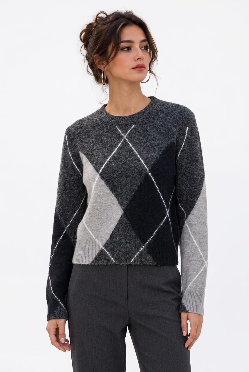 Pull Femme en Maille à Motif Losanges – Col Rond