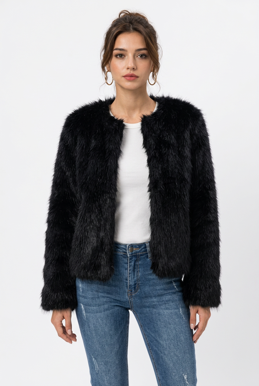 Manteau Court Femme en Fausse Fourrure – Col Rond
