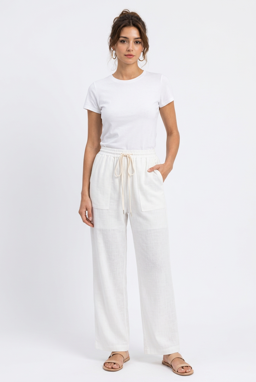 Pantalon Femme Ample et Droit – Blanc, Cordon de Serrage