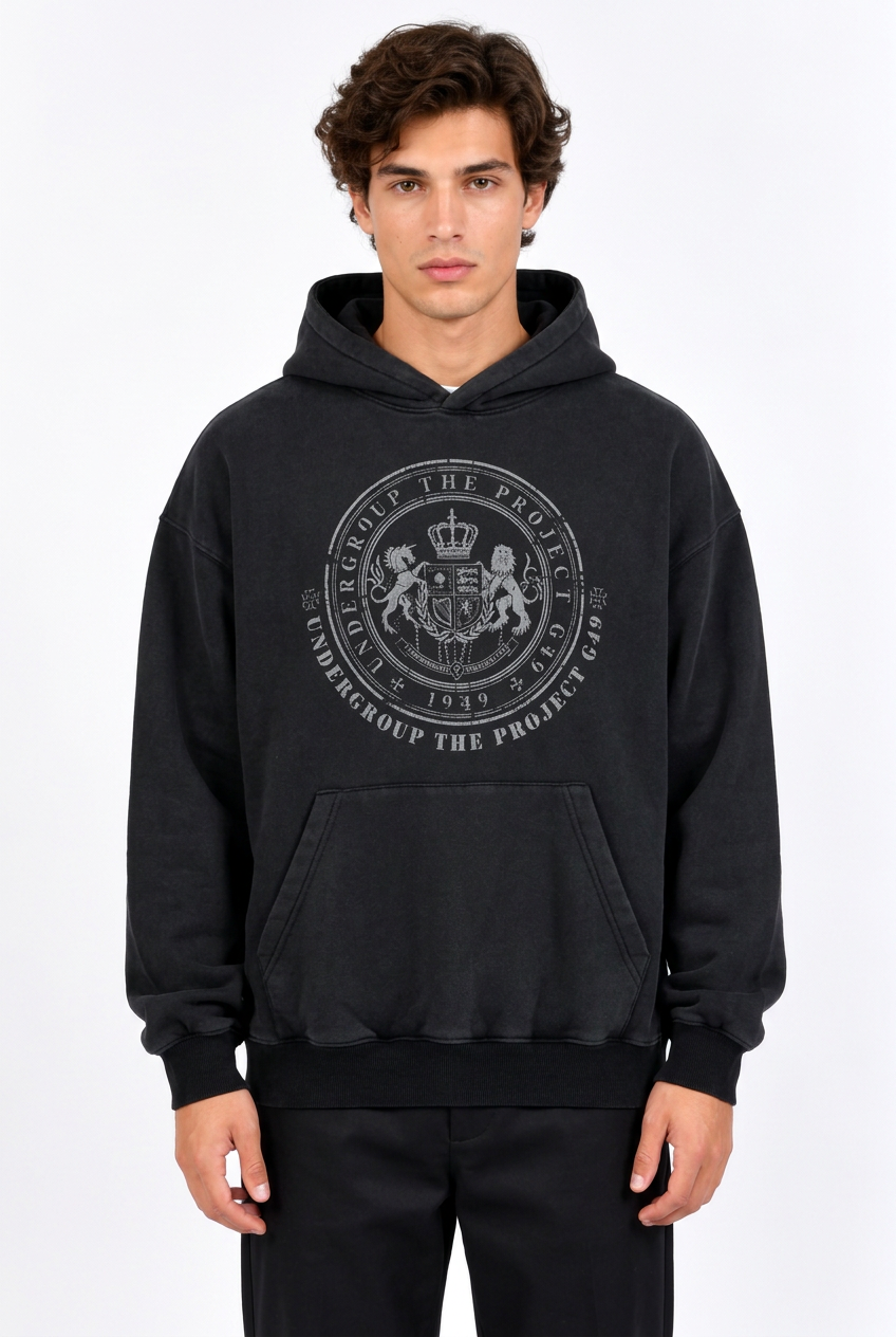 Sweat à capuche homme noir ample à imprimés devant et dos