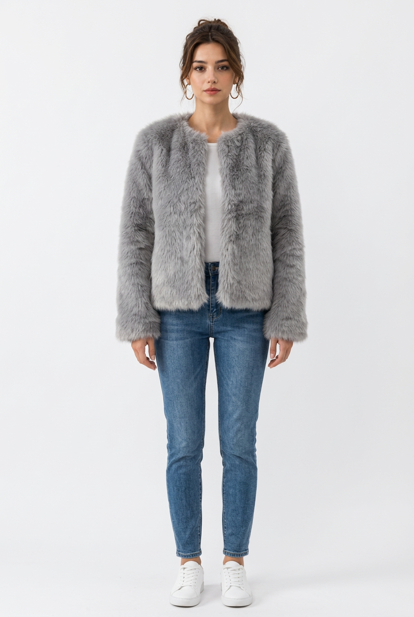 Manteau Court Femme en Fausse Fourrure – Col Rond