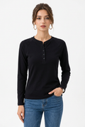 T-shirt femme à manches longues et col tunisien boutonné