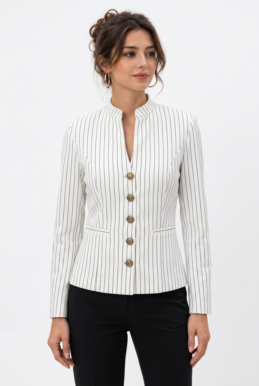 Veste femme cintrée à rayures et col montant