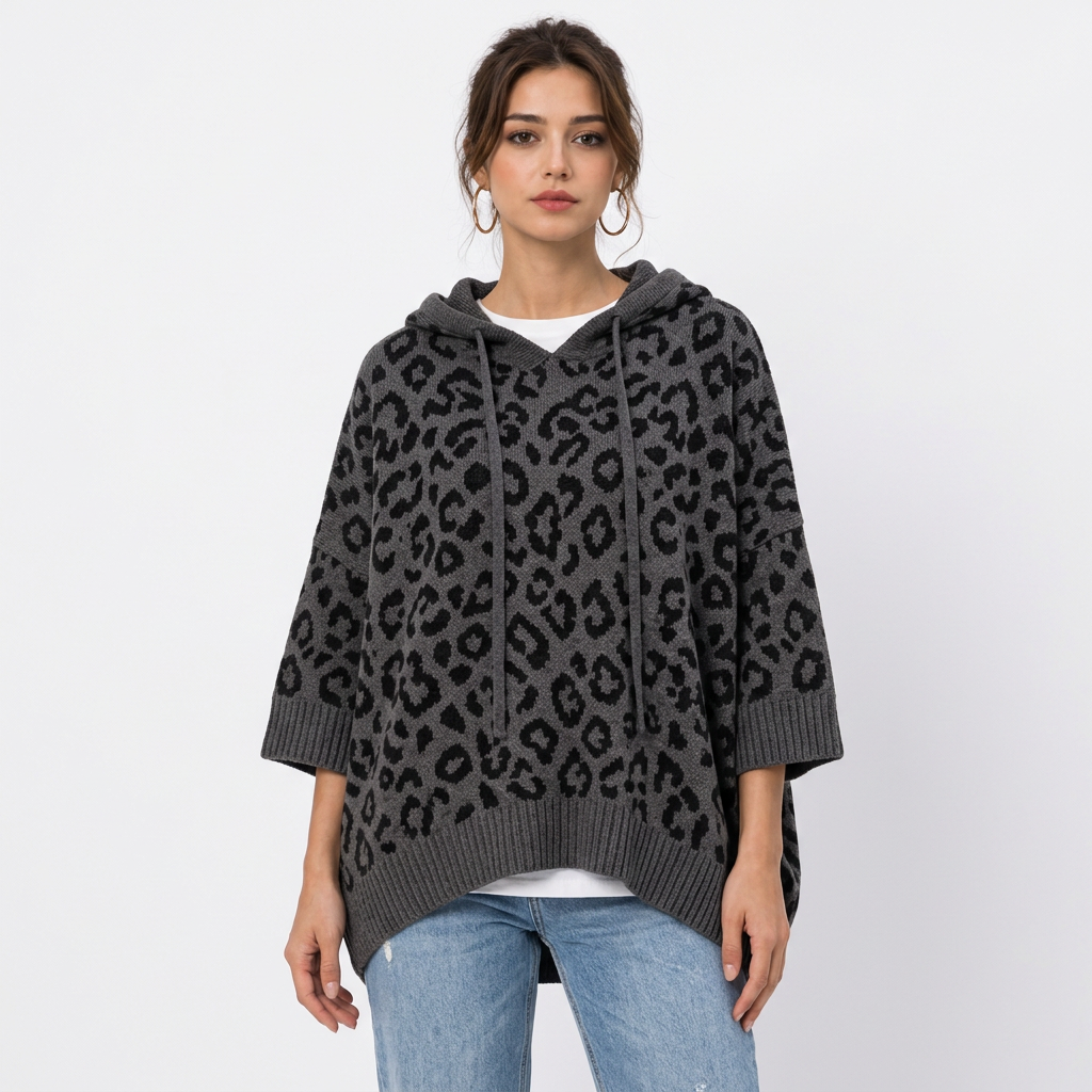Sweat à capuche femme en maille – Imprimé léopard color block, cordon de serrage