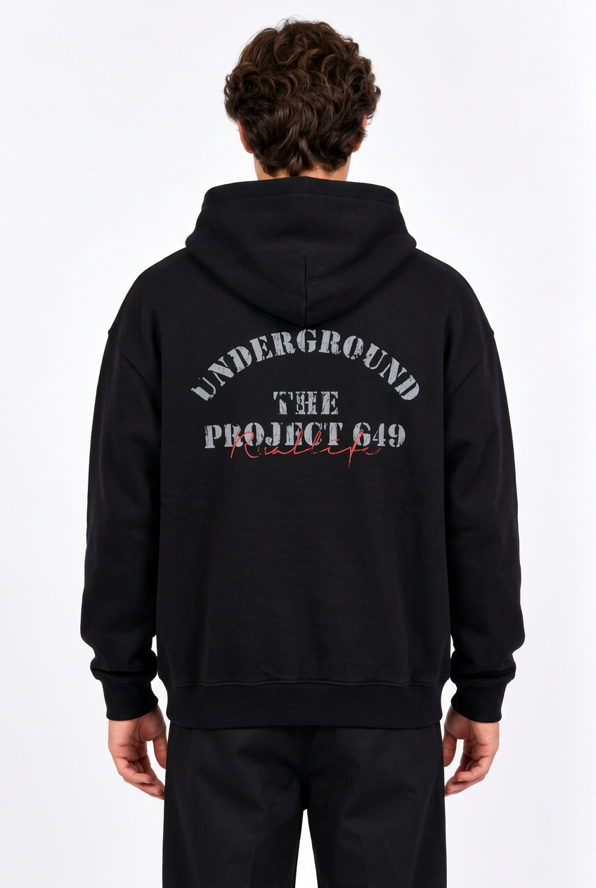 Sweat à capuche homme noir ample à imprimés devant et dos