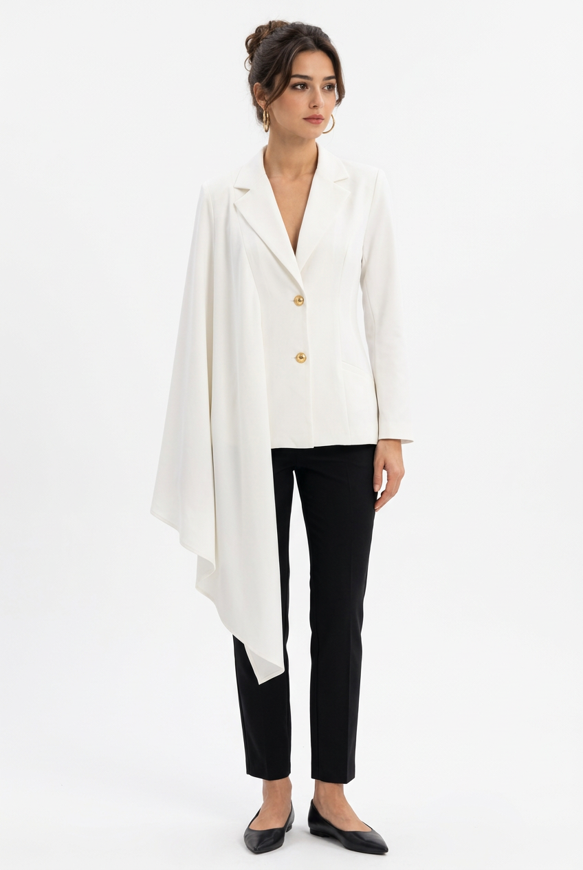 Ensemble femme ivoire : blazer asymétrique et jupe plissée