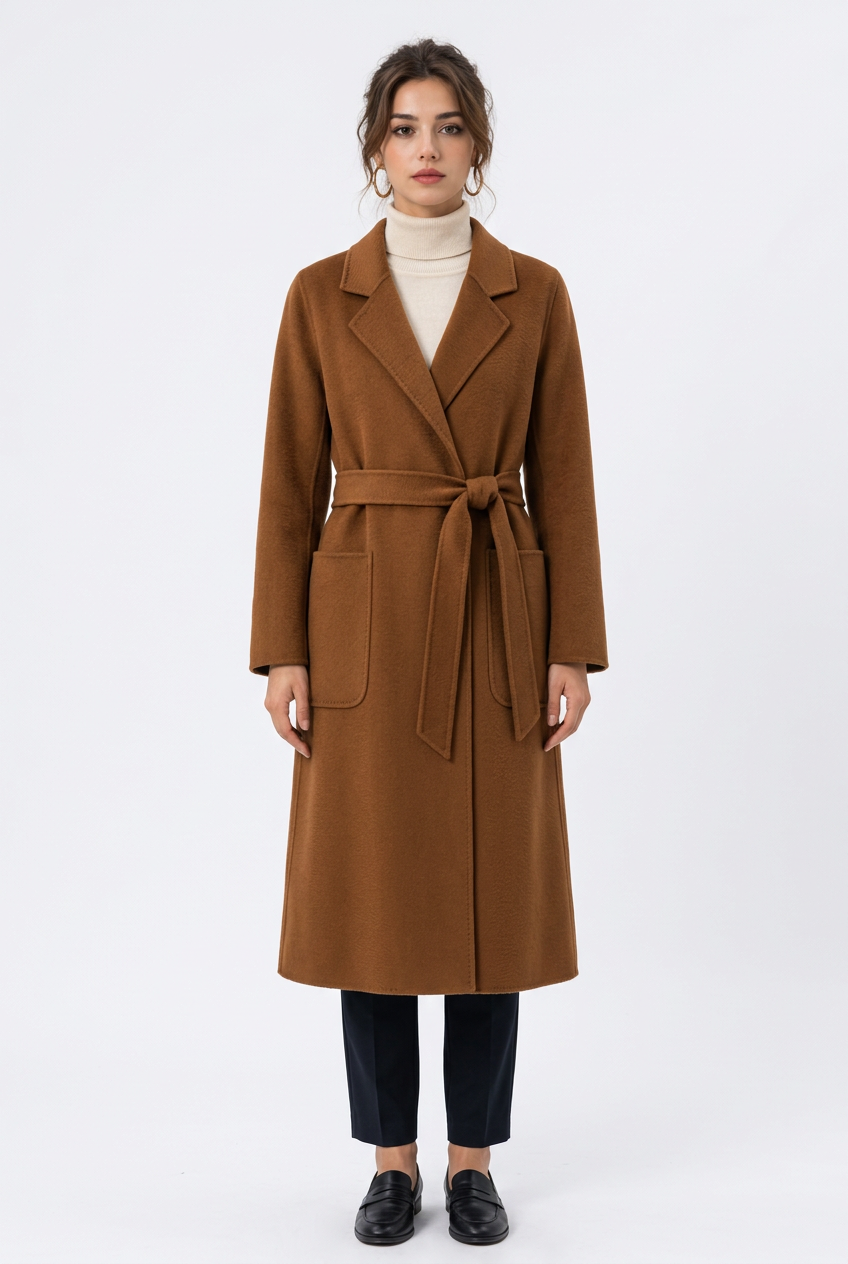 Manteau long femme à ceinture et col à revers