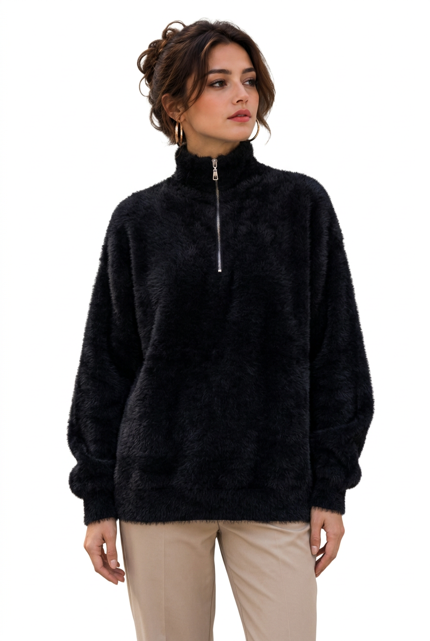 Pull femme duveteux à col montant zippé