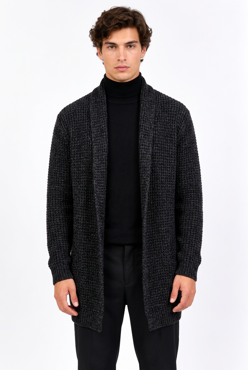 Lange, schmal geschnittene Herren-Strickjacke – Grauer Streetwear-Pullover für den Herbst