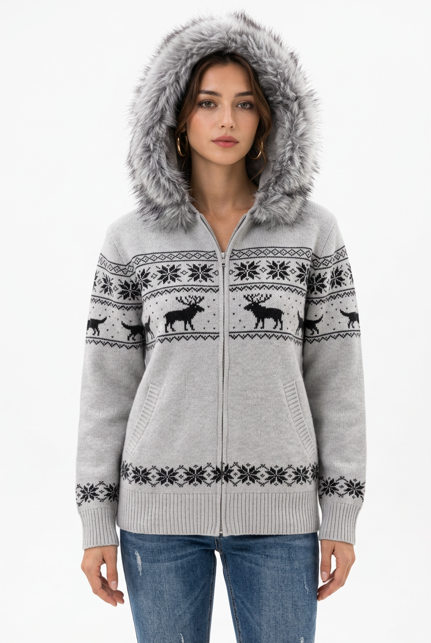 Damen-Strickjacke mit Kapuze und Fellkragen, Einheitsgröße
