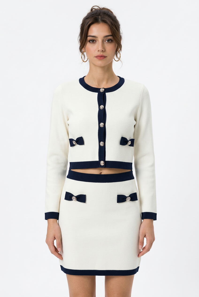 Ensemble femme en maille ivoire à nœuds – Cardigan et jupe courte